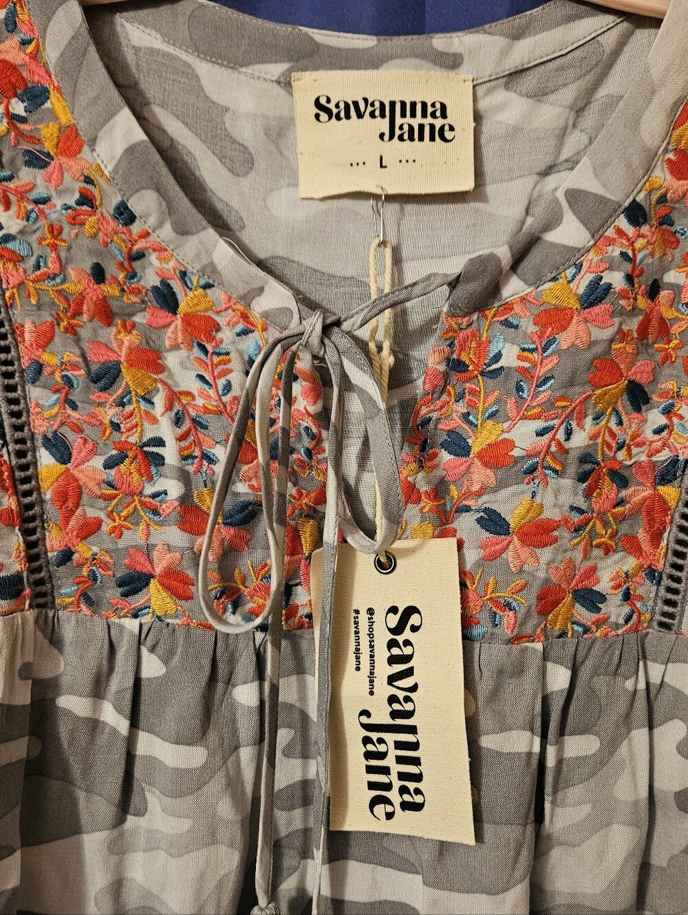 Savanna Jane Gray Camo Tunic with Bright Floral Lovely Embroidered Design - Picture 2 of 7